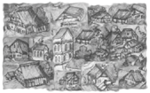 Old illustrations of farms, houses and churches