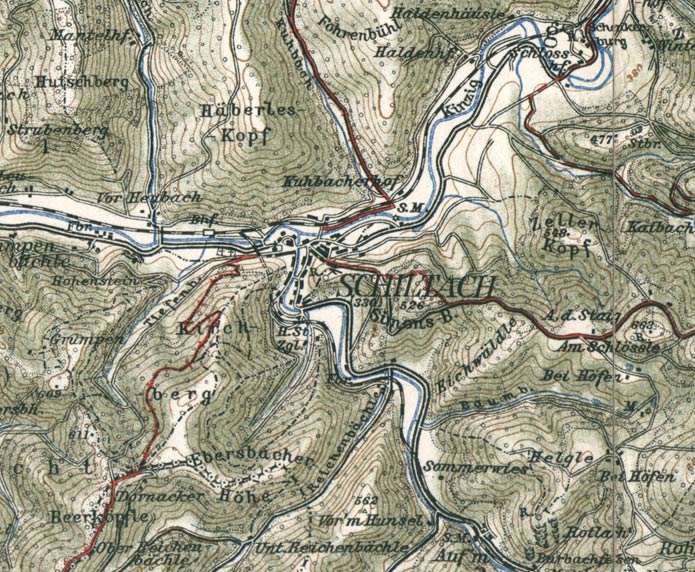 Die Stadt Schiltach. Ausschnitt aus einer Karte von 1908 (Maßstab 1:50000)