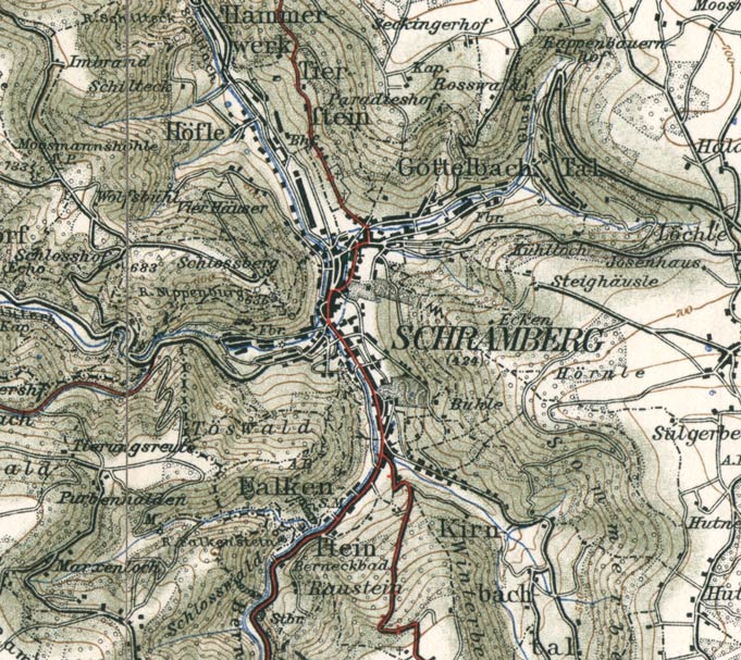 Die Fünftälerstadt Schramberg. Ausschnitt aus einer Karte von 1908 (Maßstab 1:50000)
