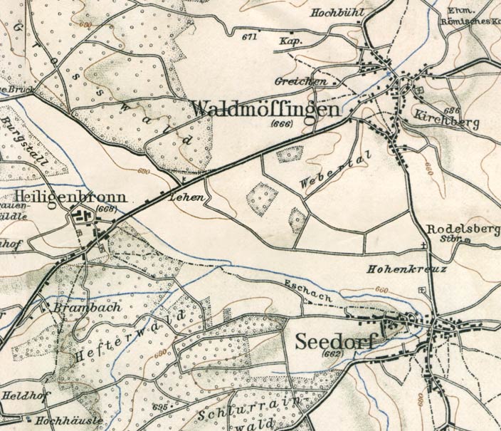Heiligenbronn, Waldmössingen und Seedorf. Ausschnitt aus einer Karte von 1908 (Maßstab 1:50000)
