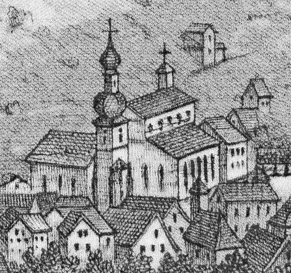 Kirche St. Maria auf einer Lithographie aus dem 19. Jahrhundert
