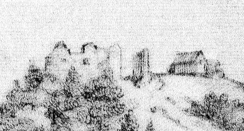 Die Ruine Hohenschramberg auf einer Lithographie aus dem 19. Jahrhundert