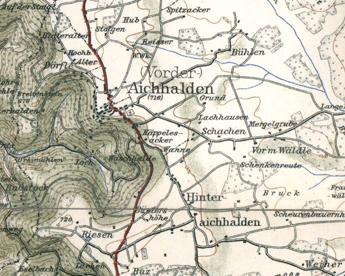 Aichhalden und Hinteraichhalden. Ausschnitt aus einer Karte von 1908 (Mastab 1:50000)