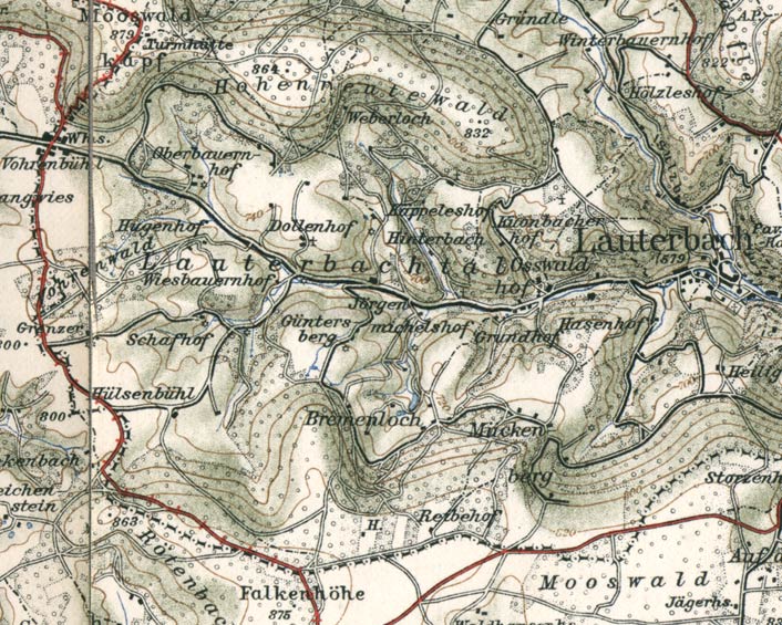 Das obere Lauterbachtal. Ausschnitt aus einer Karte von 1908 (Mastab 1:50000)