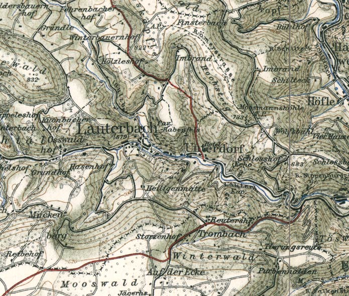 Das untere Lauterbachtal. Ausschnitt aus einer Karte von 1908 (Mastab 1:50000)