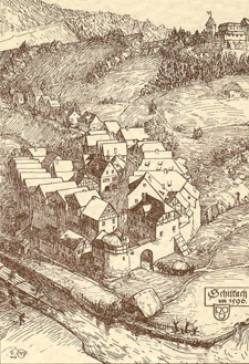 Historische Ansicht von Schiltach aus dem Jahre 1596 mit Burg und unterem Tor